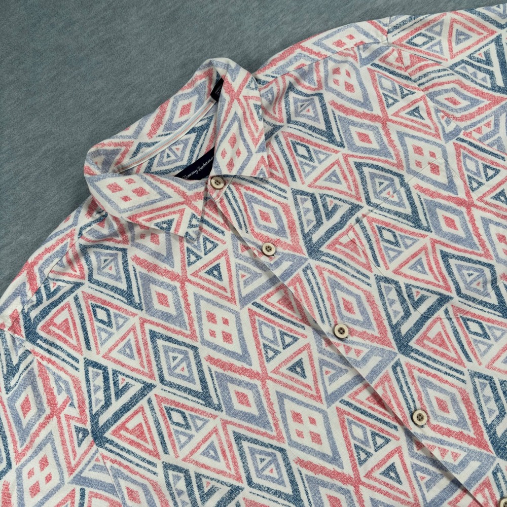 Tommy Bahama Mens XL Silk Blend Geometric Diamond Short Sleeve Button Down Shirt